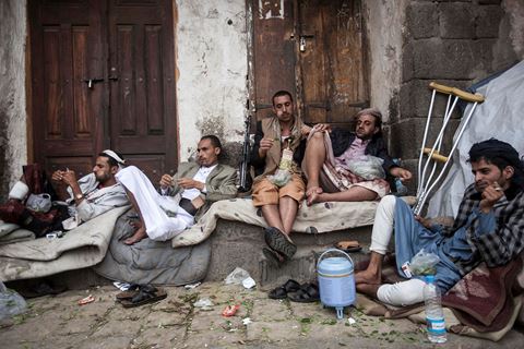 RESIDENTS AND SUPPORTERS OF THE HOUTHI INSURGENCY ARE SEEN CHEWING KHAT AT ONE STREET