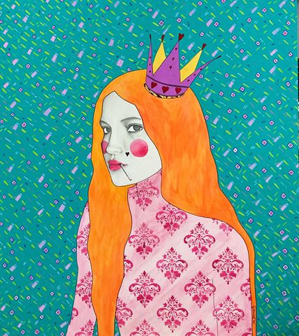 Giulia Caruso, Queen of Heart, colori ad acqua e marker su carta e supporto semirigido